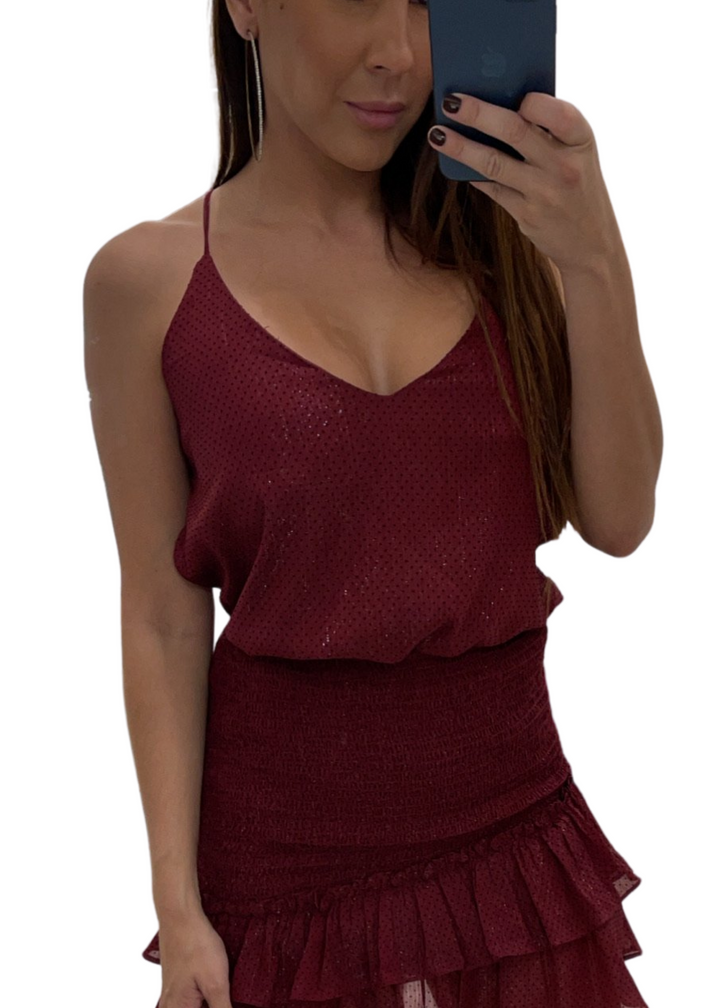 burgundy top with black small dots