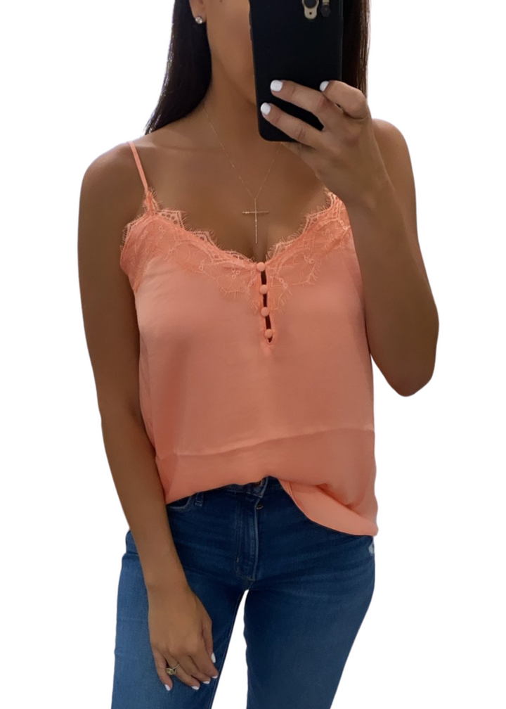 NEON PEACH LACE CAMI WITH FRONT BUTTON DETAIL