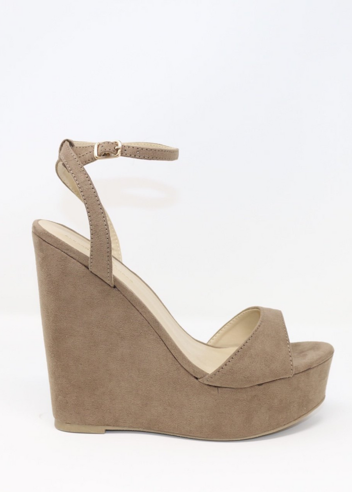 Women's taupe suede fall wedges, winter wedges, summer wedges, and spring wedges.