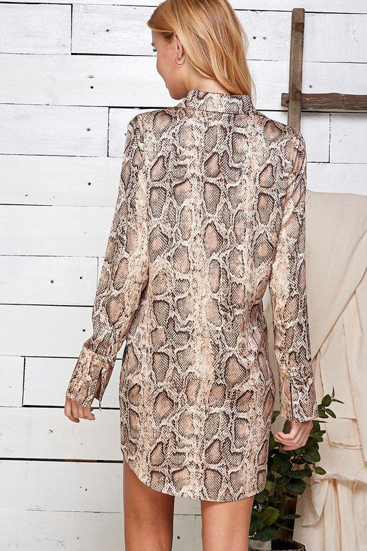 STYLED BY ALX COUTURE MIAMI BOUTIQUE Beige Snake Skin Tie Front Shirt Dress