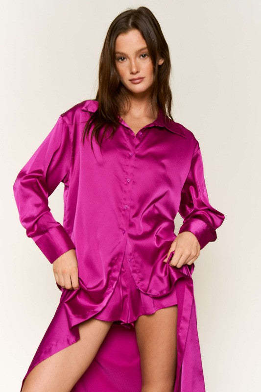 STYLED BY ALX COUTURE MIAMI BOUTIQUE Magenta Satin Maxi Shirt and Shorts Set *PRE*