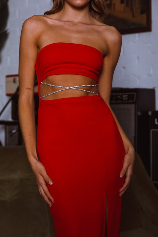 STYLED BY ALX COUTURE MIAMI BOUTIQUE Red Crepe Midriff Cutout Midi Dress