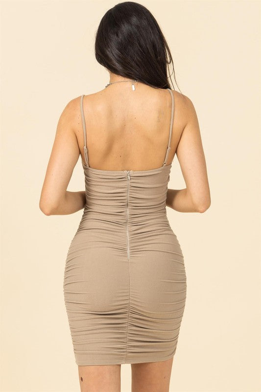 STYLED BY ALX COUTURE MIAMI BOUTIQUE WOMENS DRESS TAUPE Taupe Adorned Bodycon Ruched Mini Dress