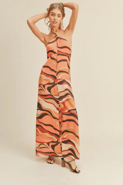 STYLED BY ALX COUTURE MIAMI BOUTIQUE Orange Print Halter Maxi Dress