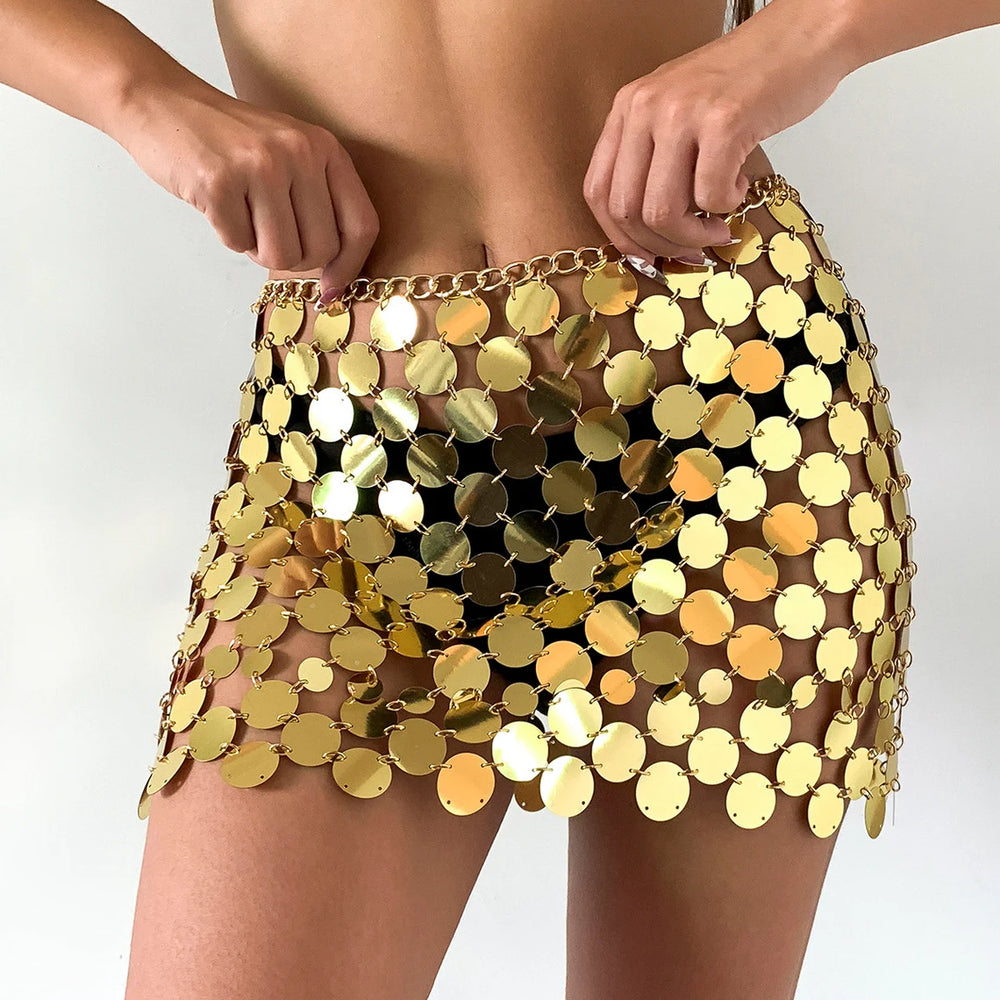 STYLED BY ALX COUTURE MIAMI BOUTIQUE Gold Squamous Sequins Patchwork Strappy Skirt