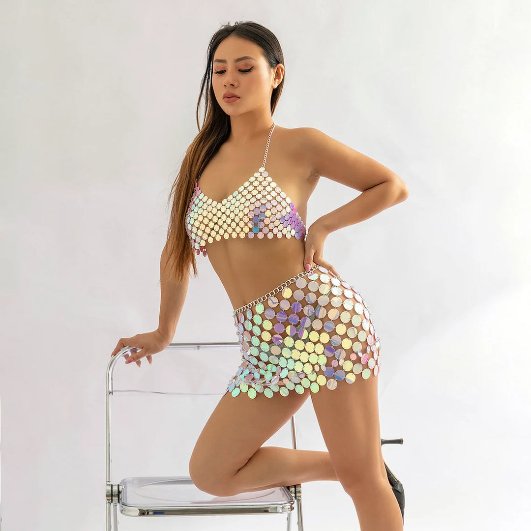 STYLED BY ALX COUTURE MIAMI BOUTIQUE Colorful Squamous Sequin Disco Skirt Bra Set