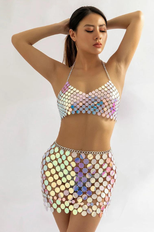 STYLED BY ALX COUTURE MIAMI BOUTIQUE Colorful Squamous Sequin Disco Skirt Bra Set