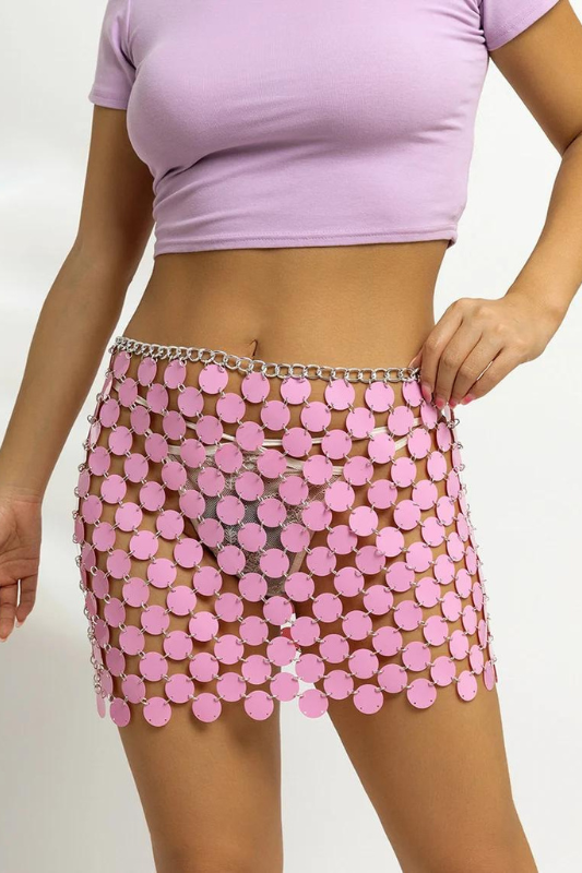 STYLED BY ALX COUTURE MIAMI BOUTIQUE Pink Sequins Patchwork Strappy Mini Skirt