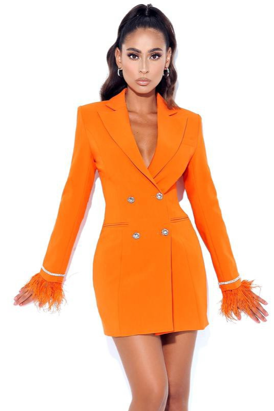 STYLED BY ALX COUTURE MIAMI BOUTIQUE Orange Feather Crystal Sleeve Blazer Dress