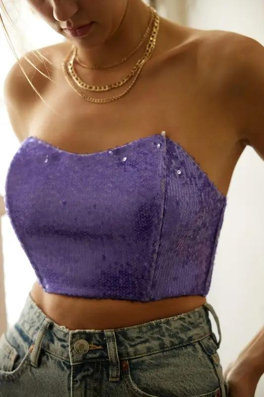 STYLED BY ALX COUTURE MIAMI BOUTIQUE  Purple Strapless Sequin Crop Top