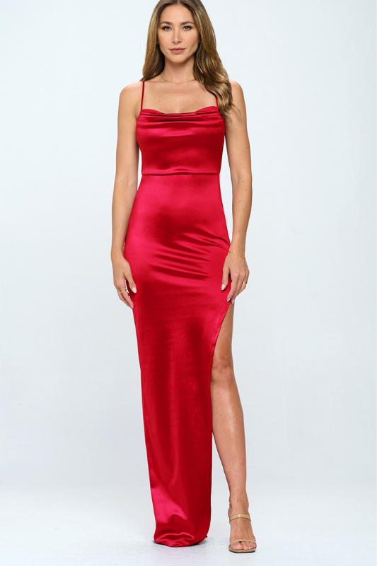 STYLED BY ALX COUTURE MIAMI BOUTIQUE Red Pleated Side Cutout Maxi Dress