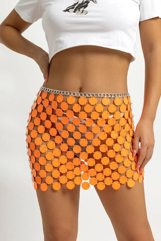 STYLED BY ALX COUTURE MIAMI BOUTIQUE Orange Sequins Patchwork Strappy Mini Skirt