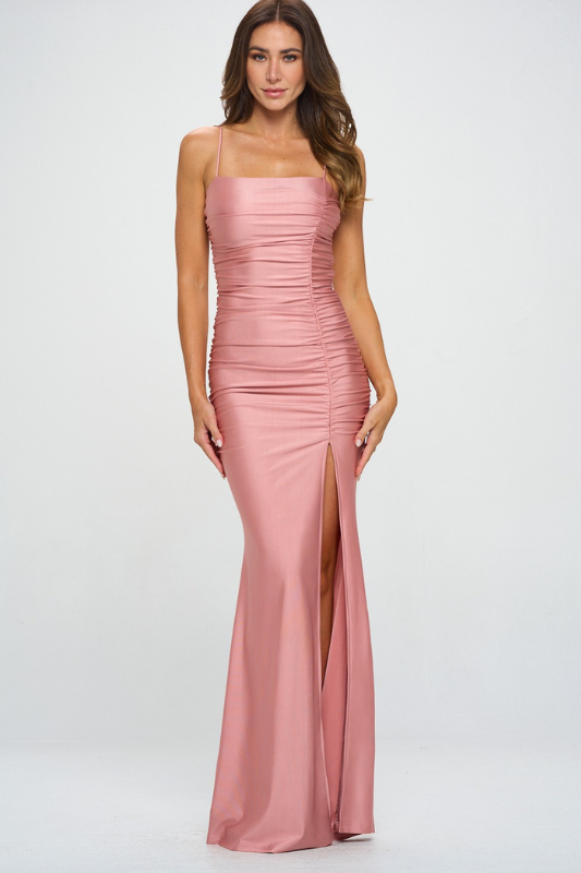 STYLED BY ALX COUTURE MIAMI BOUTIQUE Mauve Ruched Slit Mermaid Maxi Dress 