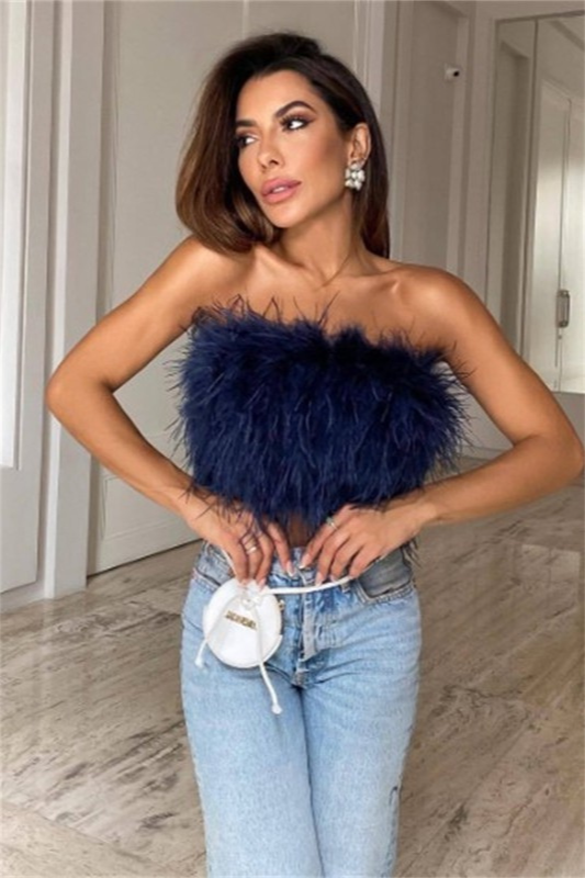 STYLED BY ALX COUTURE MIAMI BOUTIQUE Navy Strapless Cropped Feather Top *PRE*