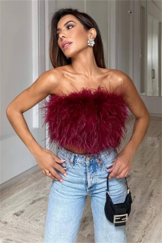 STYLED BY ALX COUTURE MIAMI BOUTIQUE Red Strapless Cropped Feather Top *PRE*