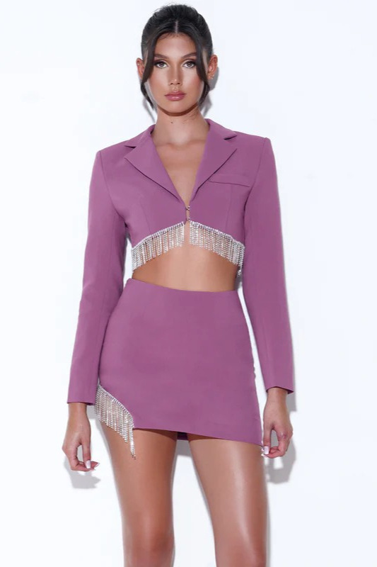 STYLED BY ALX COUTURE MIAMI BOUTIQUE Teagan Mauve Crystal Fringe Blazer Crop Top