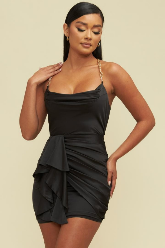STYLED BY ALX COUTURE MIAMI BOUTIQUE Black Chain Satinn Draped Dress