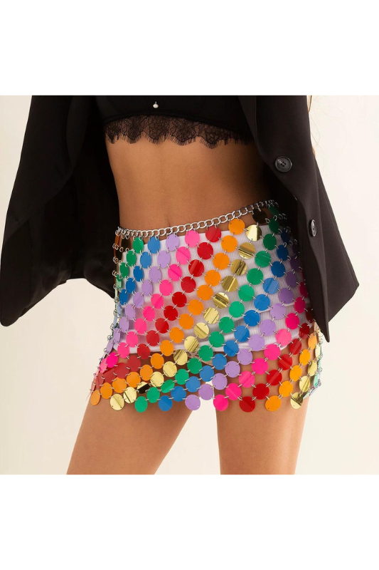 STYLED BY ALX COUTURE MIAMI BOUTIQUE Rainbow Sequins Patchwork Strappy Party Skirt