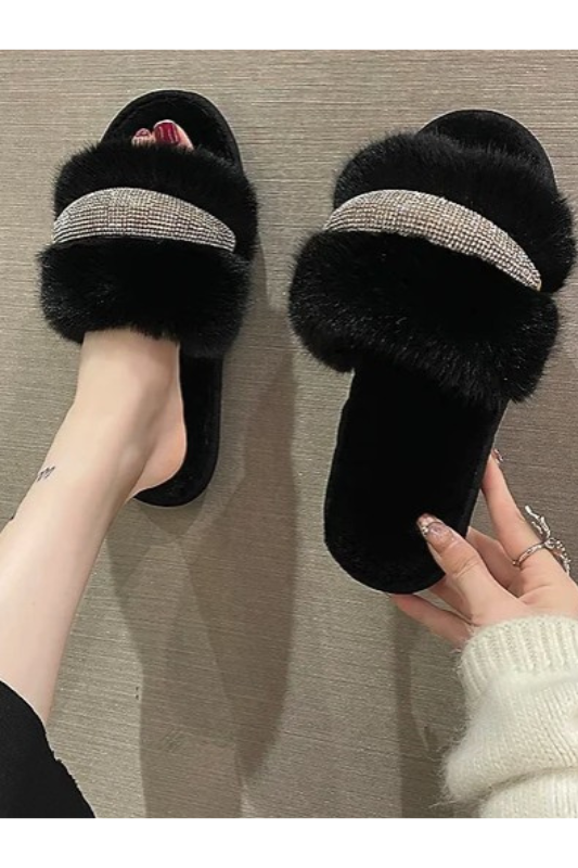 STYLED BY ALX COUTURE MIAMI BOUTIQUE Black Cubic Point Fur Comfy Slippers