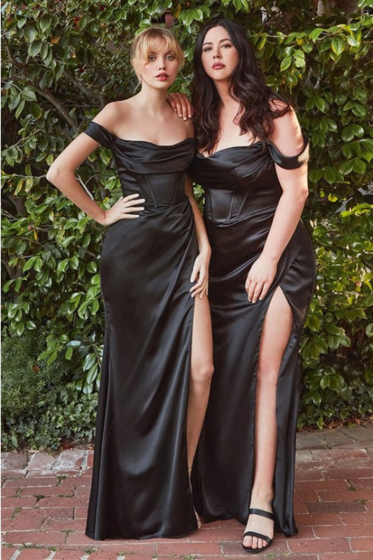 STYLED BY ALX COUTURE MIAMI BOUTIQUE Black Satin Off Shoulder Corset Gown