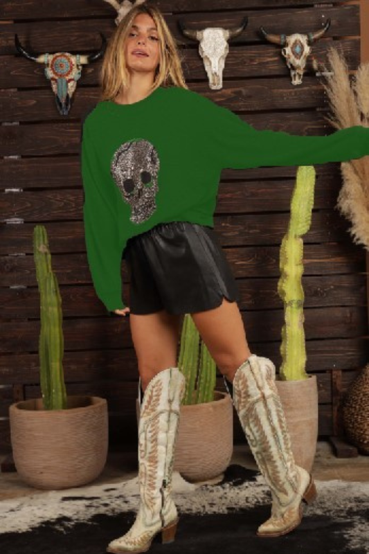 STYLED BY ALX COUTURE MIAMI BOUTIQUE Green Stud Skull Hacci Brush Sweatshirt